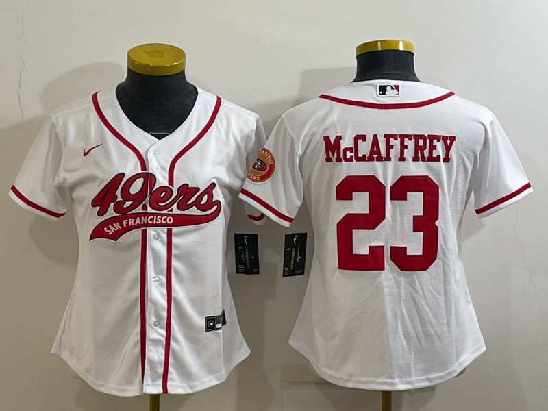Women's San Francisco 49ers #23 Christian McCaffrey White With Patch Cool Base Stitched Baseball Jersey(Run Small)